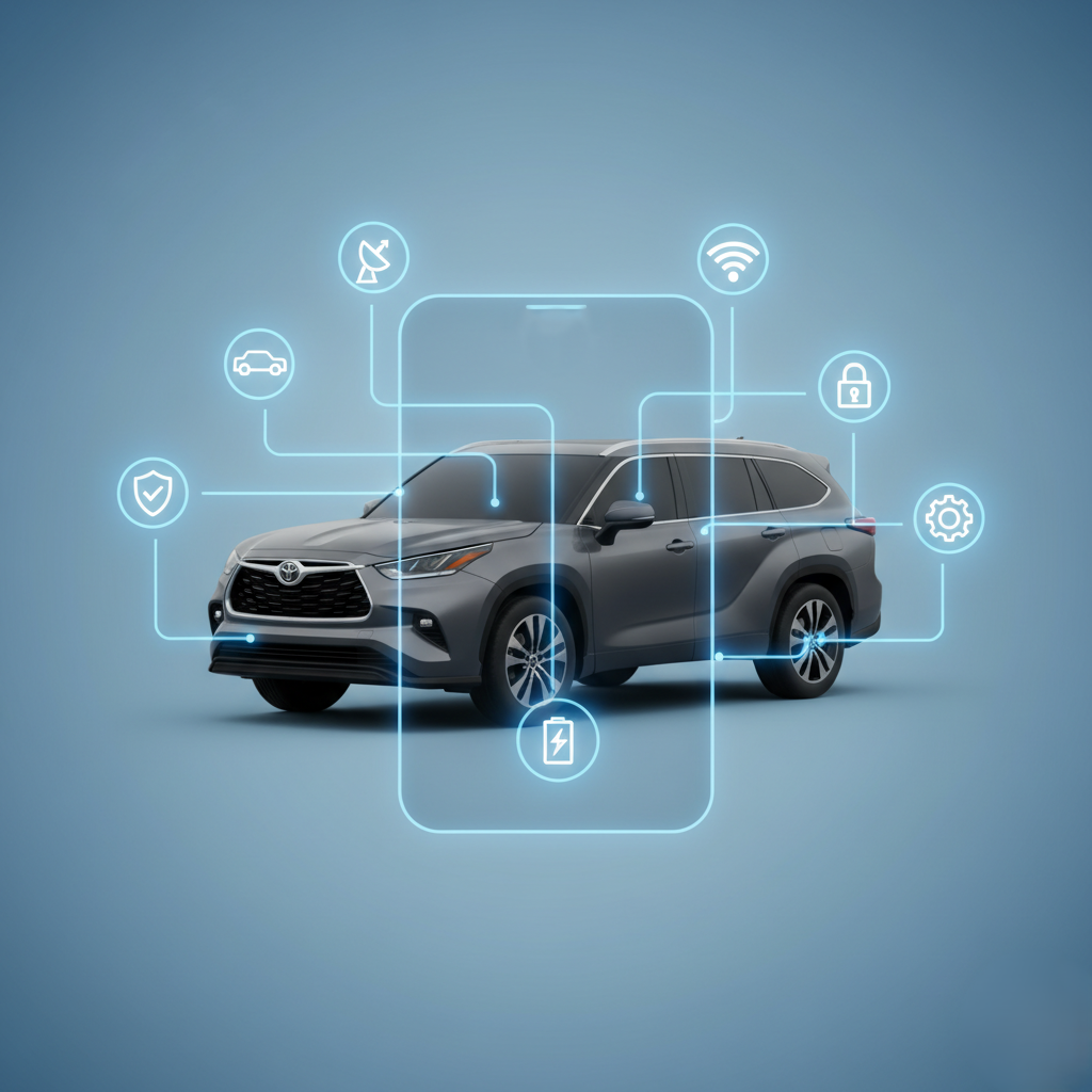 Telematics system showing 2024 Toyota SUV with smartphone displaying real-time vehicle data.