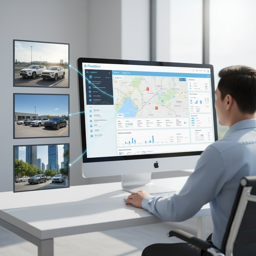 Fleet Safety Analytics system dashboard showing real-time vehicle tracking, alerts, and connected fleet images.