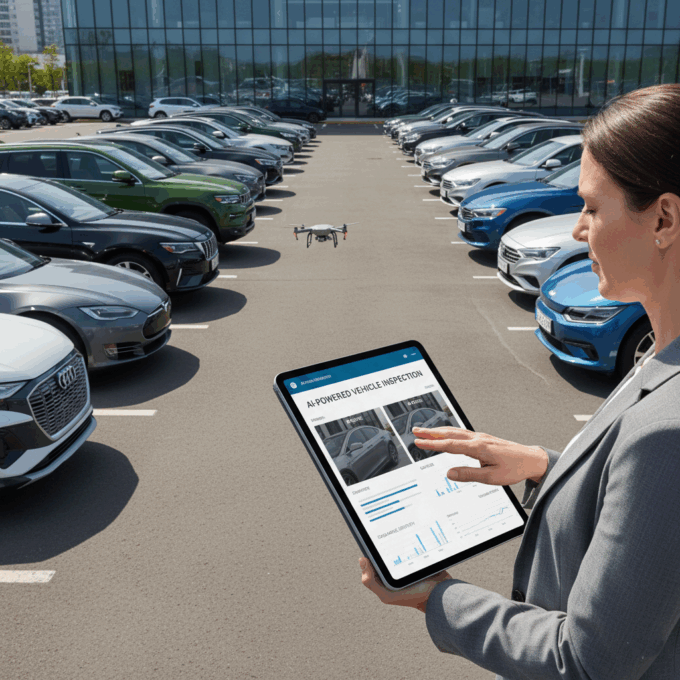 Fleet manager using Fleetblox tablet to inspect a vehicle fleet.
